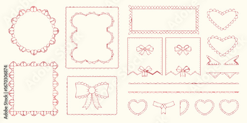 Pink hand drawn decorative frames bows and borders on cream background ribbon heart