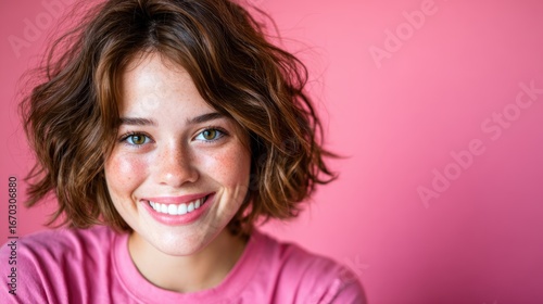 This uplifting portrait features a cheerful young woman with short, wavy hair, beaming at the camera against a vibrant pink backdrop, radiating warmth and positivity.