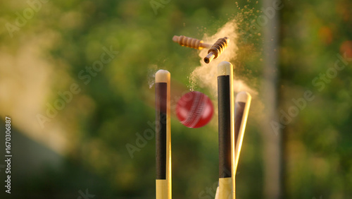 Quadro em tela Close up of cricket red ball flying off into air smashing stumps at high speed a