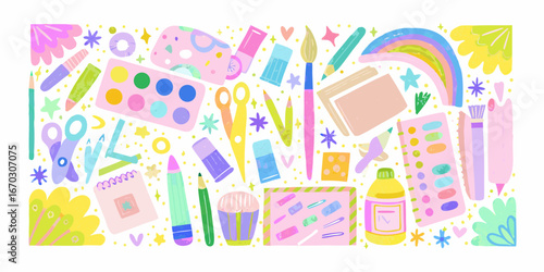 Whimsical Flat Lay of Art Supplies and Craft Materials in Pastel Colors stationery