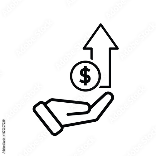 Money icon. Currency increase symbol. Hand with dollar coin and up arrow. paying, economy, money. Outline design style.