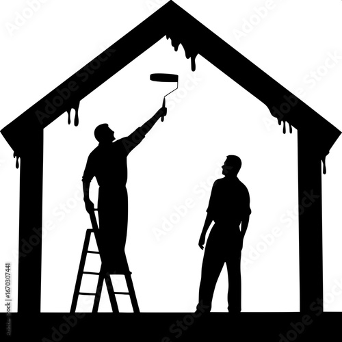 Stylized black-and-white symbolic representation of home painting: man with roller in extended arm mid-pose, standing on ladder, house-shaped border with dripping paint, clean symmetrical composition.