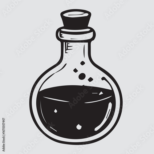 Black liquid filled flask with cork stopper and bubbles bottle potion