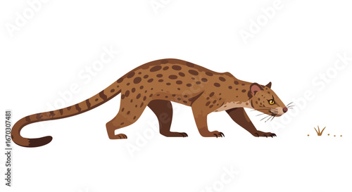 A spotted genet walking on the ground, illustration on white background.