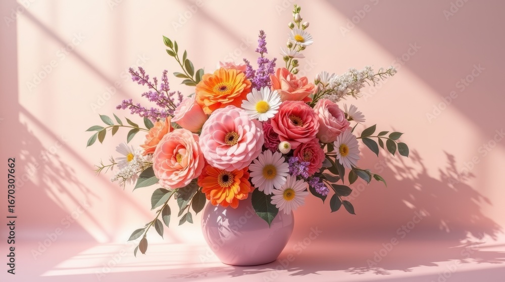 Fototapeta premium A centered bouquet of soft pink roses, bright orange blooms, delicate white flowers, and purple accents on a softly lit pastel background, serene and contemporary mood
