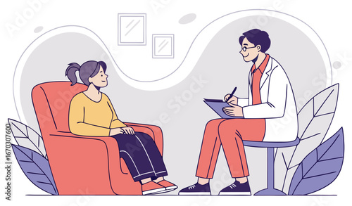 Patient counseling with psychologist vector illustration. Psychotherapy session concept with adult woman mental therapist. Man dealing with stress and depression 