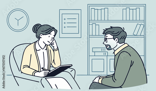 Patient counseling with psychologist vector illustration. Psychotherapy session concept with adult woman mental therapist. Man dealing with stress and depression 