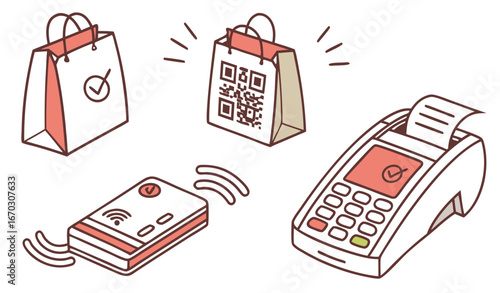 QR code scanners and payment terminals vector illustrations set. Cartoon drawings of barcode scanners or readers and credit card machines for checkout on white background. Shopping, payment concept