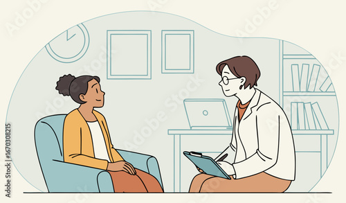 Patient counseling with psychologist vector illustration. Psychotherapy session concept with adult woman mental therapist. Man dealing with stress and depression 
