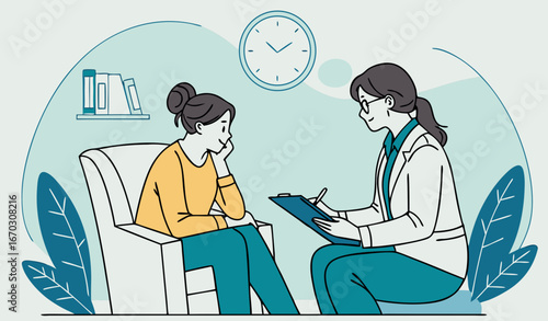 Patient counseling with psychologist vector illustration. Psychotherapy session concept with adult woman mental therapist. Man dealing with stress and depression 