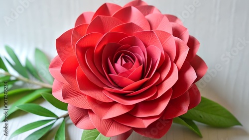 Beautiful soft red paper flower close-up detail delicate petals lush green leaves