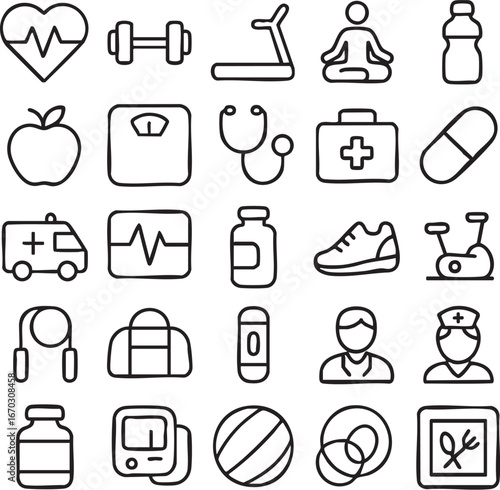 Health Fitness and Medical Outline Icons Collection.
