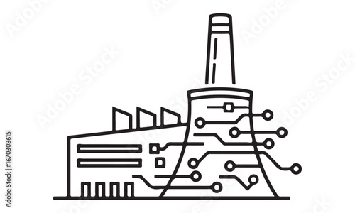 Modern factory with digital network connection. Simple line drawing on white, industry design, isolated vector