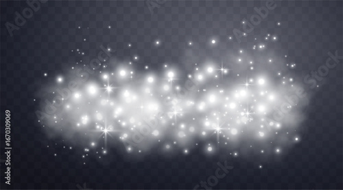 Silver magic sparks and dust stars. Glittering dots, particles, sparkles. Glow flare light effect. Silver luminous points. Vector particles on transparent background.
