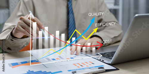 Business performance concept focusing on increasing quality and efficiency, reducing costs, and driving continuous improvement in performance management.