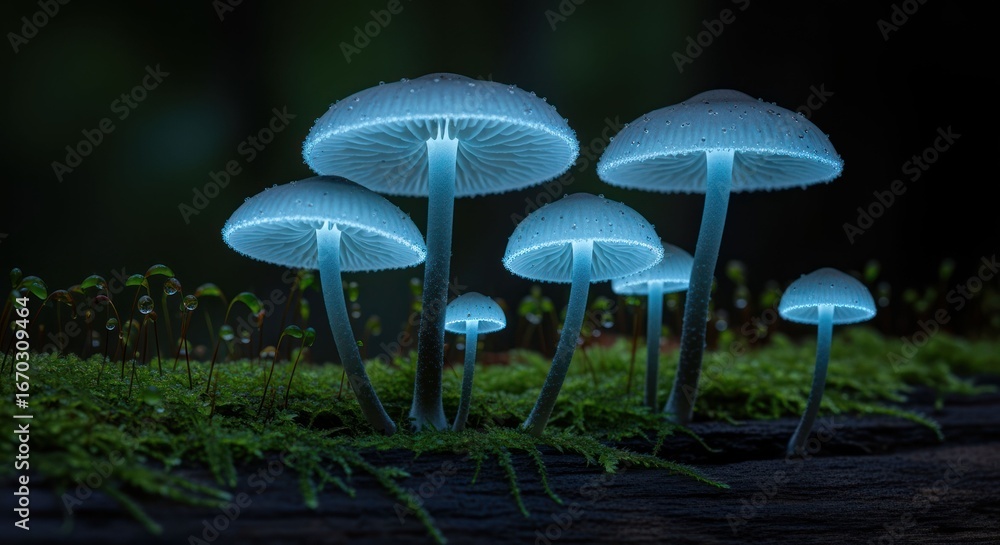 Fototapeta premium Bioluminescent Mushrooms Glowing in a Dark Forest Setting at Night