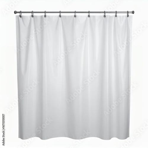 Crisp white bathroom curtain hanging elegantly, showcasing texture and form on white background