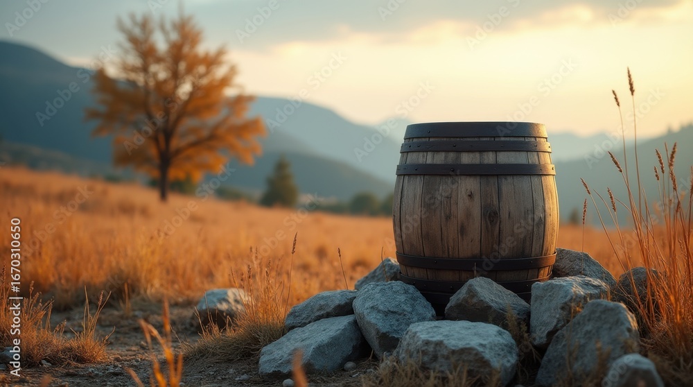 Fototapeta premium A rustic wooden barrel sits among rocks and dry grass at golden hour, with rolling hills, pastel clouds, and an autumn tree against blue mountains in soft focus