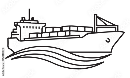 Container ship sailing on the water, black and white vector illustration