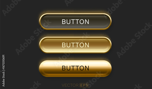 Black golden button set, three states of the button, pressed, released, hovered. Vector illustration