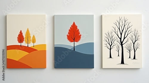 Minimalist abstract triptych of stylized trees with autumn, vibrant red, and monochrome designs on light gray background, modern wall art concept