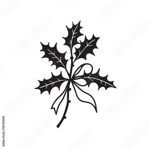Vector art of black silhouette of a holly sprig with a bow