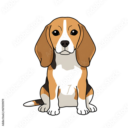Adorable cartoon beagle puppy sitting,  tricolor coat, big eyes,  cute expression.