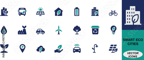 A vector icons of smart eco cities showcasing green energy, clean transport, recycling, and sustainable living. Perfect for urban, renewable, and environmental projects.