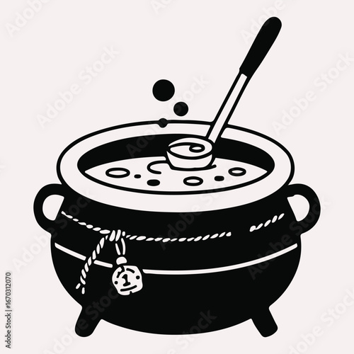 Black cauldron with bubbling liquid and ladle vector