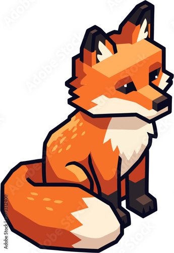 A charming, stylized illustration of a fox sitting patiently, rendered in a geometric, blocky style.
