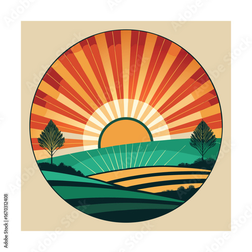 Circular landscape with sunburst and two trees sunrise