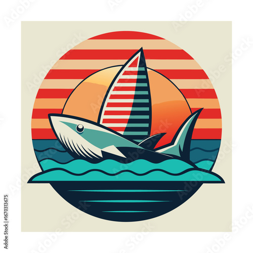 Shark and sailboat on water with sunset circle logo