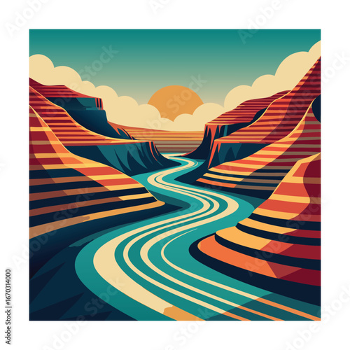 Stylized Grand Canyon landscape with winding river at sunset