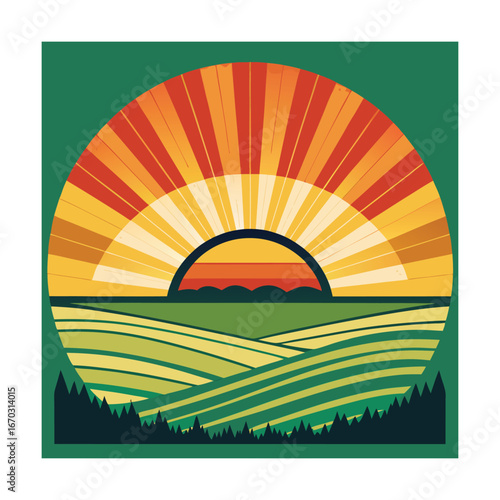 Stylized circular graphic of a sun setting over green fields
