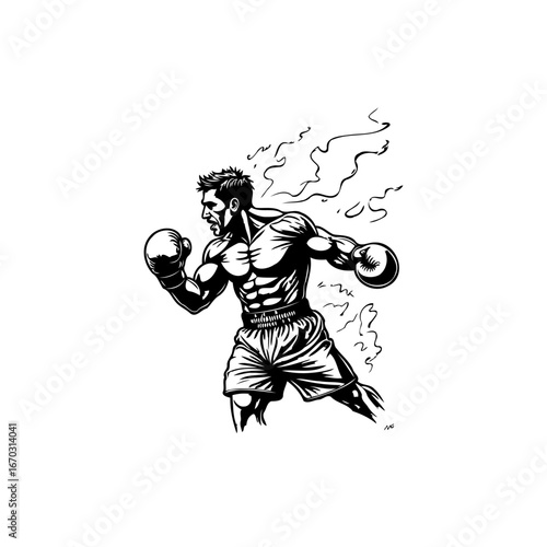 A dynamic vector illustration of a boxer in action radiating energy and power in monochrome style