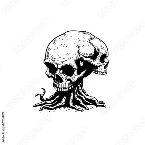 A gnarled skull tree illustration, representing mortality, transience, and the eternal cycle of