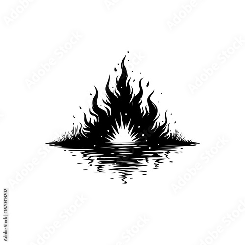 A symbolic graphic composition depicting fiery flames reflecting in tranquil waters suggesting