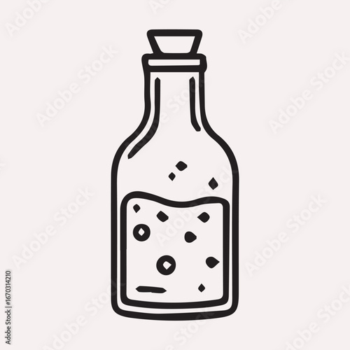 Black ink drawing of a glass bottle with cork and bubbly liquid bubbles