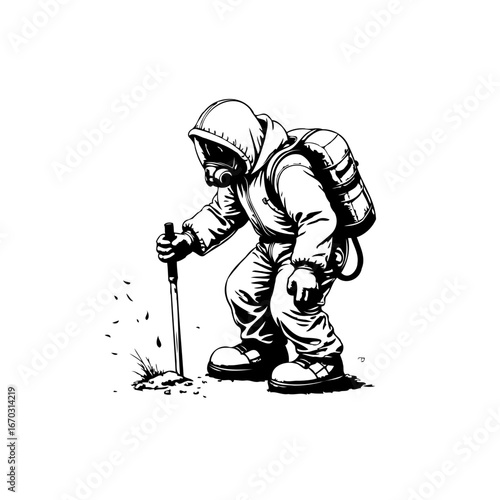 A solitary figure in a protective suit explores barren landscape searching potential life with