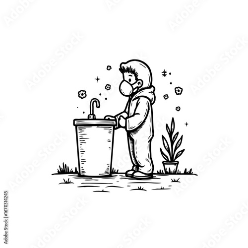 A young person in protective suit washing hands at outdoor sink for sanitation illustration