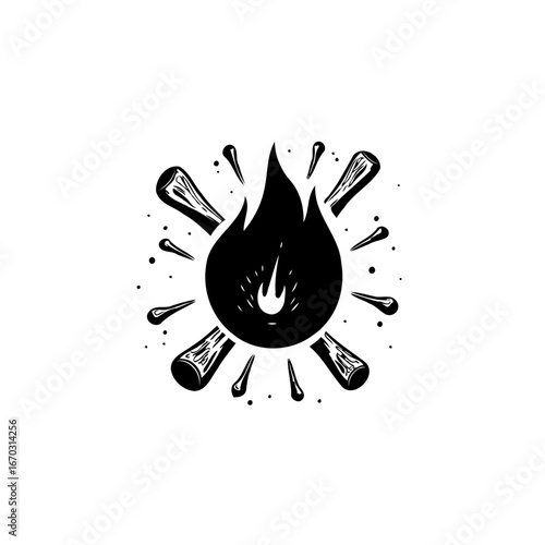 Abstract blazing emblem of a fire, encircled by stylized logs emitting radiant sparks and heat