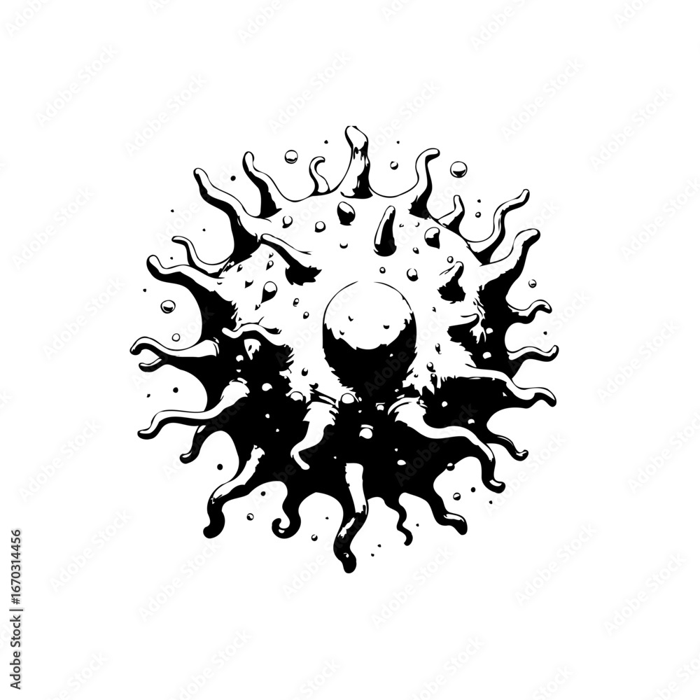Obraz premium Abstract monochrome illustration representing organic form with radiating elements and central