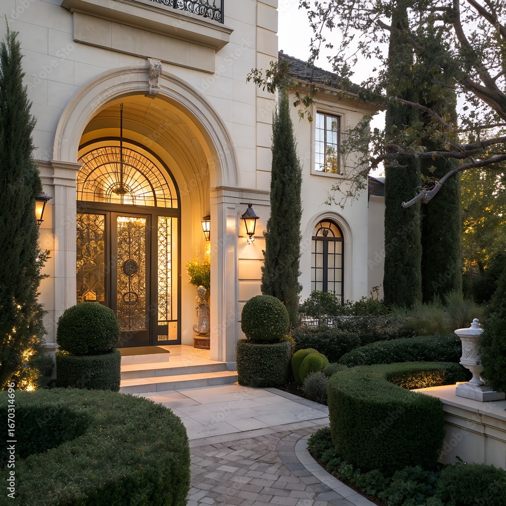 Fototapeta premium Elegant Mansion Entrance with Grand Arched Doorway and Manicured Gardens