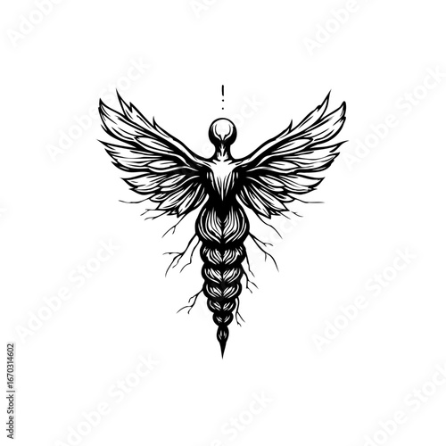 An enigmatic figure blending avian anatomy with root-like tendrils suggests transformation or
