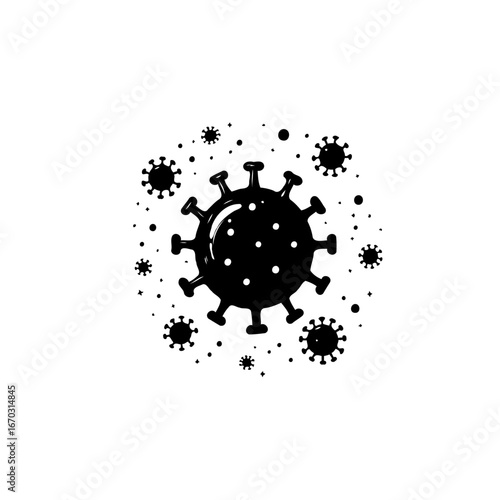 Black and white conceptual illustration of virus microorganisms emphasizing the infectious nature