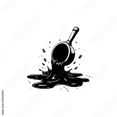 Bold illustration depicts a ladle spilling viscous liquid creating a dramatic splash and puddle