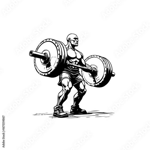 Black and white illustration showcasing a muscular weightlifter performing a barbell squat
