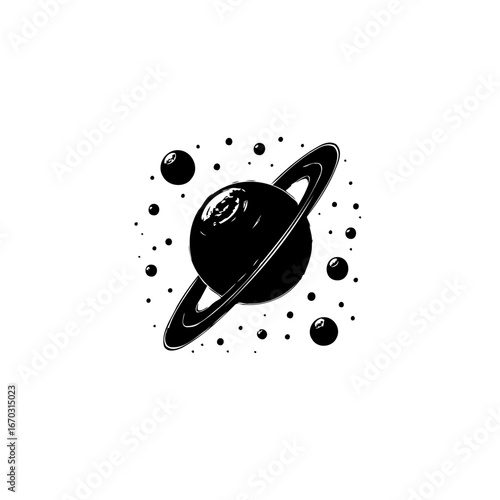 Celestial planet with orbital rings isolated in monochrome space exploration concept and cosmic