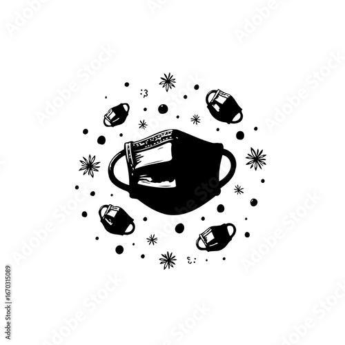 Conceptual black and white illustration showcasing a surgical mask surrounded by abstract virus