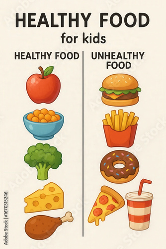 Cartoon illustration comparing healthy food like apple, broccoli and cheese with unhealthy food like burger, fries and soda for kids. Concept of nutrition and diet education
